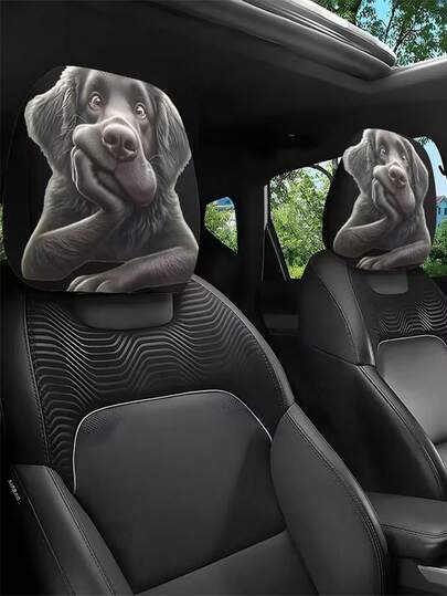 2pcs Funny Thinking Black Dog Print Headrest Covers, Interior Decor, Fit, Washable, Easy To Install, Suitable For Self-Driving Travel, Perfect Funny Decor, Christmas Decorative Seat Covers, Create A Interior Space