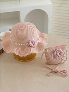 Girls' Straw Hat With Ribbon Flower, Wavy Brim Fashion Sun Hat, Summer Accessory Set - Roses - View 1