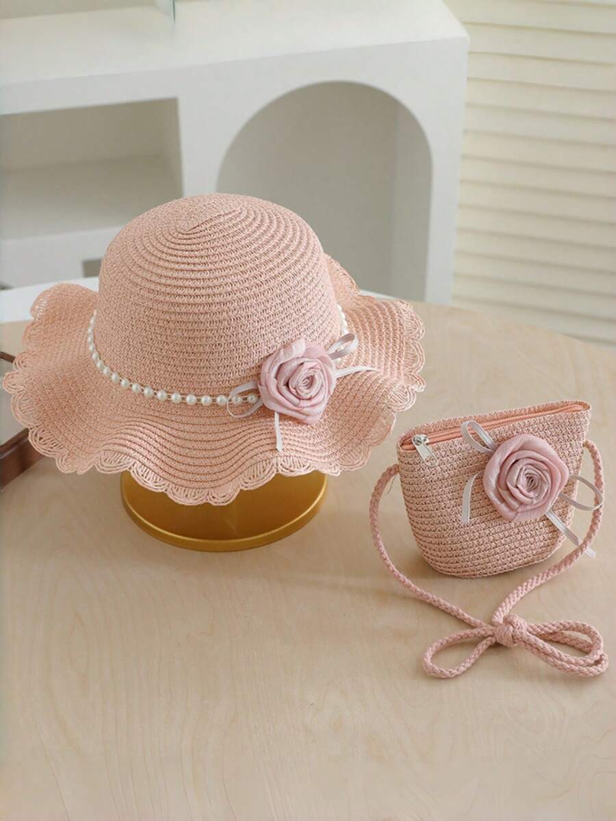 Girls' Straw Hat With Ribbon Flower, Wavy Brim Fashion Sun Hat, Summer Accessory Set - Roses - View 1