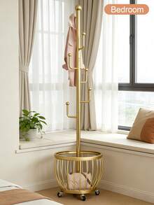 Tree Coat Rack Stand With Clothes Basket, Gold Coat Rack Freestanding Clothes Rack, Purse Rack Hat Rack Stand, Golden Clothes Rack With Metal Frame, Bedroom Storage Organizeration, Home Decor, Morden Style, Coat Stand Fits Entryway Bedroom Office For Bags, Hats - Vàng - Xem 3