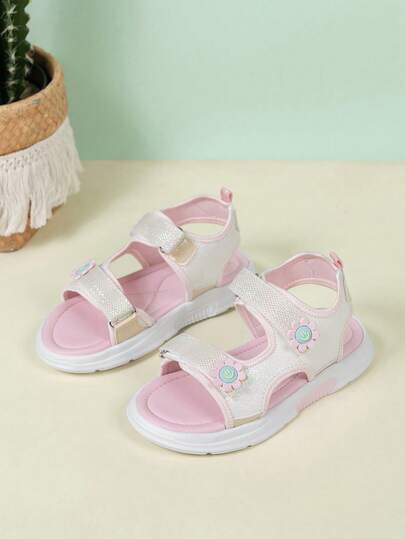 Summer New Kids Sandals, Princess Style Sweet Girls Sports Sandals, Pink Glitter Small Flower Hook And Loop Easy On/Off Soft Bottom Comfortable Beach Shoes, Suitable For Outing, Vacation, Beach, Daily Activities