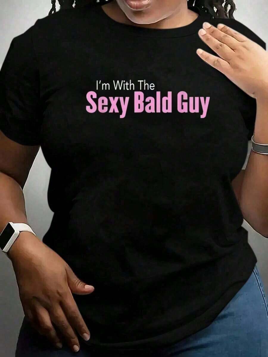 Summer Tops, I'M With The Sexy Bald Guy Graphic Tees, Summer Outfits For Women, Cotton Tee Shirt Women'S, Summer ClothesT-Shirt- Oversized Casual Short Sleeve Round Neck Tee, Soft Breathable Fabric - màu đen - Xem 1