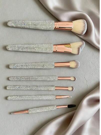 7pcs Luxury Rhinestone Makeup Brush Set, Powder Blush Cosmetic Makeup Tools