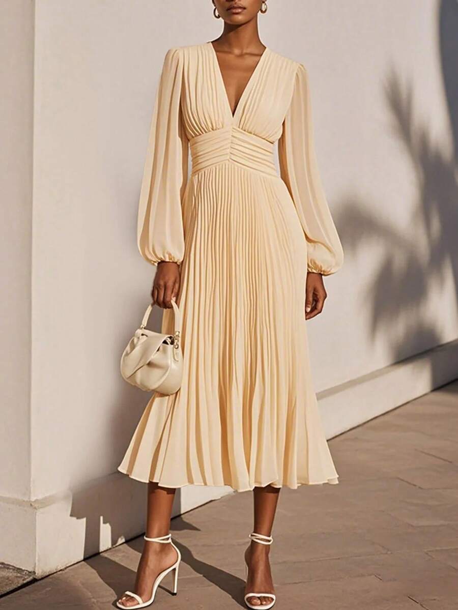 Women's Elegant Comfortable Long Sleeve V-Neck Solid Color Pleated Hem Dress Spring - Apricot - View 1