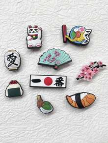 9件套4毫米厚拉面、樱花、抹茶、寿司、招财猫鞋饰配件套装，男女通用DIY凉鞋装饰，创意礼物，派对小礼物，趣味礼物 - 淺藍色 - 查看 4