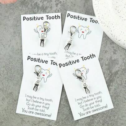 1pc/4pcs Cartoon Metal Tooth Keychain Set, Comes With Positive Dental Care Greeting Card, Ideal Gift For Teenagers To Remind Dental Health Protection, Healthy Teeth Care Gifts For Mother, Father, Graduation, And Teacher