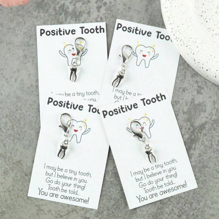 1 pieza/4 piezas Juego de llaveros de metal con diseño de dientes de dibujos animados, que incluye una tarjeta de felicitación con mensaje positivo sobre el cuidado dental, un regalo ideal para adolescentes para recordarles la protección de la salud dental y el cuidado de los dientes saludables - Plateado - Ver 1