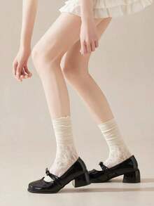 3 Pairs Of Lovely Lace Socks Women Mid-Calf Socks, Hollow Out Flower Edge Short Socks, Solid Color Pile Socks, Straight Loose Socks, Fall - Nhiều màu - Xem 7