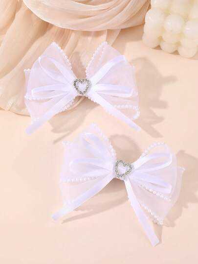2 st/set hårspännen med vita pärlor och strass, hjärtformade rosett för flickor, lämpliga för daglig dekoration