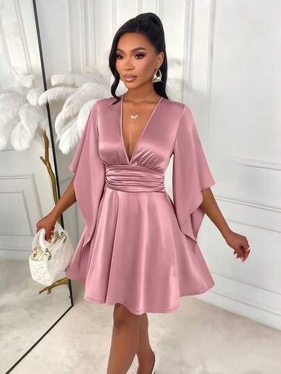 AIJ Amarilo Sexy & Elegant V-Neck Ruched Bust Mini Dress, Ruffle Sleeve Cuff - Cinched Waist, Open Back Bow Detail, Suitable For Party & Wedding