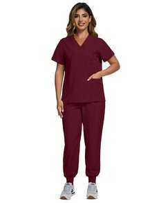 制服套装，手术服，女士手术服，护士及美容院工作服，临床手术服上衣和裤子套装，女士制服，优雅短袖V领护士上衣和束腰裤套装（春季款） - 酒紅色 - 查看 6
