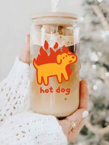 1pc Flame Hot Dog Funny Glass Cup With Straw, Cute Birthday/Holiday/New Year Gift, Suitable For Hot And Cold Drinks - Multicolor - View 3
