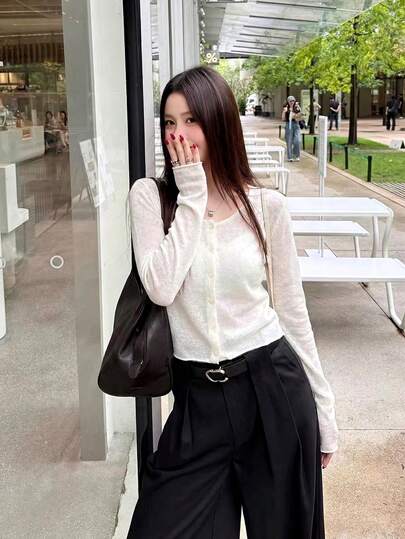 Women's Lightweight Sheer Long-Sleeve Knit Cardigan | Solid Color Retro Button-Front Top, Korean-Style Relaxed And Effortless Chic