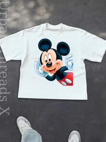 Mickey Mouse Cartoon Print 1 Piece Disney Pattern Printed Fashion Crew Neck T-Shirt, Made Of 100% Pure Cotton, Soft And Comfortable, Is The Ideal Choice For Daily Wear, Vacation Leisure, Outdoor Adventures, Campus Life, And Shopping Trips. It's A Must-Have Item For Summer And Also The Perfect Gift To Give. - trắng - Xem 2