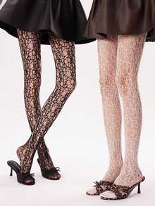 1双蕾丝镂空丝袜，薄款夏季白色不对称镂空渔网袜，复古性感连裤袜，创意Y2K风女款 - 彩色 - 查看 2