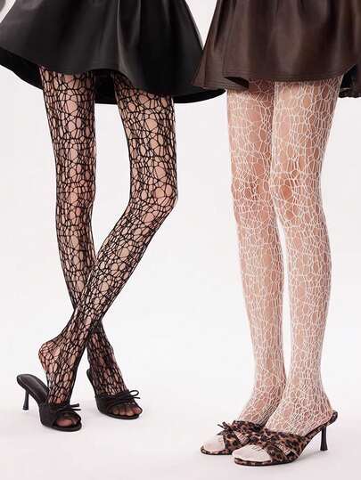 1 par de medias caladas de encaje, medias de red asimétricas blancas delgadas de verano, pantimedia sexy retro, con vibra creativa Y2K para mujeres