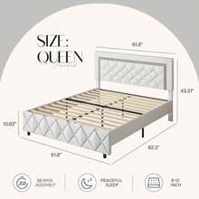 Twin/ Full/ Queen/ King Size Bed Frame, Upholstered Bed Frame With Diamond Headboard And Footboard, Pearl White/ Beige/ Black/ Grey/ Pink/ Purple/ Green - 白色 - 查看 9