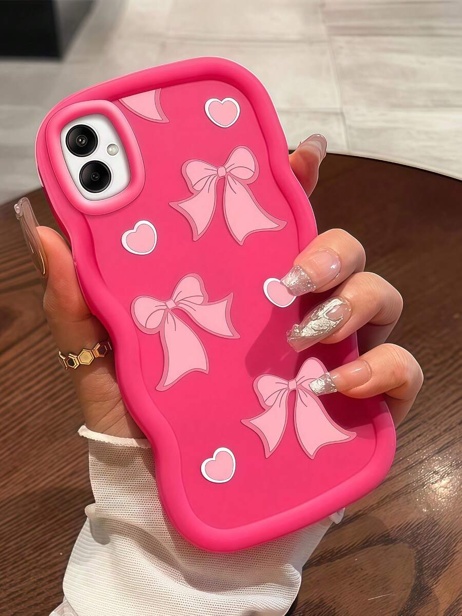 1个柔软全包覆式相机保护壳，波浪纹理边缘，创意可爱2D蝴蝶结和爱心图案，触感舒适柔软防滑，易于安装/拆卸，兼容三星A12/A13/A14/A15/A16/A17/A04/A05/A06/A07/A51/A54/A55/A56/A34/A35A/36/S25/S25Plus/S25Ultra、A54、Moto G13/14/15 - 波浪玫紅 - 查看 1