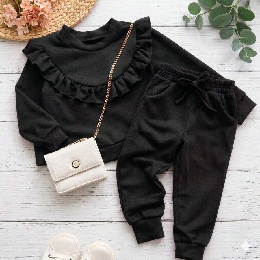 Conjunto 2 Peças Blusa com Babado e Calça  no Tecido Lanzinha Conjunto Infantil Menina e Adolescente Jovens (CJI031) - Preto - Visão 1