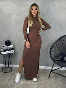 Women's Midi Long Dress With Slit And Long Sleeves - Versatile, Casual, Elegant, And Non-Transparent - 鏽棕色 - 查看 1