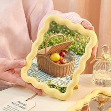 Wave Shaped Portable Folding Makeup Mirror 6.7X5.3 Inch Cute Standing Hanging Vanity Mirror Lightweight Travel Friendly Desk Mirror For Home Decoration Daily Makeup Yellow - trắng - Xem 4