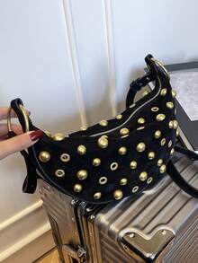 Dedoo 2025 New Fashion Rivet Decor Dumpling Bag, Korean Version Small Clown Casual Matte Unique Shoulder Crossbody Bag, Retro Style Suitable For Commuting, Daily Shopping And Practical Use - Black - View 9