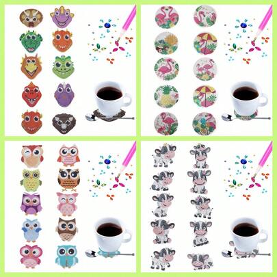 Bộ 10 đế lót ly tranh đính đá, họa tiết khủng long, bò, hồng hạc, cú, thích hợp cho lễ hội, Lễ Tạ ơn, các bữa tiệc ngày lễ, tiệc chiêu đãi, trang trí bàn chống trơn trượt.