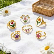 New Handmade Dried Flower Oil Drop Ring, Creative Stainless Steel Oval Heart Shaped Dried Flower Handmade Oil Drop Open Ring, Sweet Cute Everlasting Flower Ring For Women, Non-Fading - Multicolor - View 14