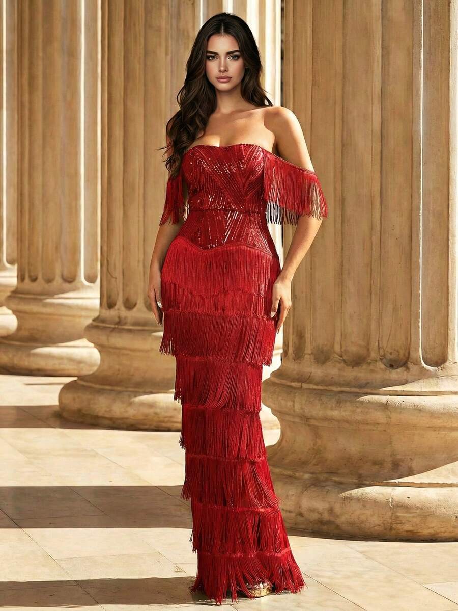 LOVE&LEMONADE Sexy Red Off-Shoulder Sequin Tassel Patchwork Long Evening Gown - Red - View 1