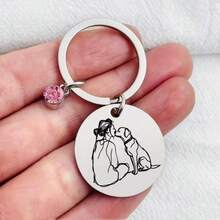 极简主义不锈钢雕刻钥匙扣，镶嵌粉色水钻，狗狗亲吻图案，送给爱狗人士 - Old Gold - 查看 1