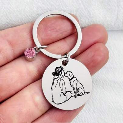 Llavero minimalista de acero inoxidable grabado con diamante de imitación rosas, diseño de perro besando, para amantes de los perros