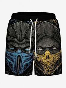 男士夏季夏威夷涂鸦艺术图案3D数码印花休闲日常度假抽绳沙滩短裤，单层无内衬 - 彩色 - 查看 2