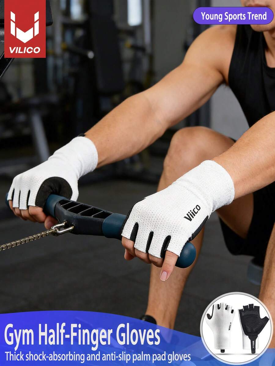 Vilico 1 pereche mănuși fără degete alb-negru, mănuși unisex fitness cu jumătate de deget, stil sport în aer liber cu tampoane groase antiderapante pentru palme, material respirabil și durabil, potrivite pentru sală de sport, alergare, haltere, volei, baschet, badminton, ciclism, drumeții, alpinism, dans, camping, pescuit, ciclism și alte sporturi - Multicolor - Vizualizare 1