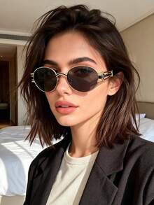 1pc New Oval Fashionable Fashion Glasses, High-Quality Metal Frame, European And American Style For Women - Gold Frame Gray Film - View 1