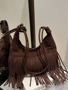 1 Stück neue Wildleder matte Damen Umhängetasche, modische Quasten Umhängetasche, retro Große Kapazität matte Halbmond Tasche, Pendler & Lässig vielseitige Umhängetasche, Kontrastfarbener Reißverschluss, verstellbarer Riemen, geeignet für Ausflüge, Dates, Einkaufen, Arbeit, Geschäft, Reisen, Geschenk - Kaffeebraun - Übersicht 11