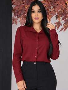 Women's Plain Casual Long-Sleeved Shirt, Slim Fit, High-Quality, Everyday Wear - 酒紅色 - 查看 3