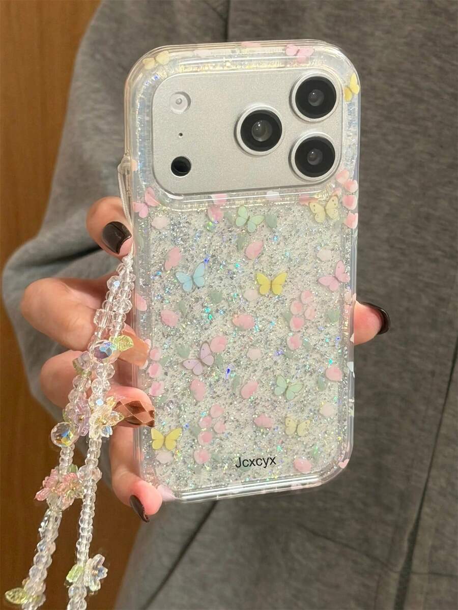 Ốp lưng điện thoại trong suốt đính sequin lấp lánh họa tiết hoa bướm mùa xuân dễ thương, tương thích với iPhone 17 Pro Max, 17 Pro, 17, 16 Pro Max, 16 Pro, 16, 15 Pro Max, 15 Pro, 15, 14 Pro Max, 14 Pro, 14, 13 Pro Max, 13 Pro, 13, 12 Pro Max, 12 Pro, 12, 11. Có thêm vòng tay hoa xinh xắn, chống rơi vỡ, chất liệu mềm mại, lý tưởng cho nữ.