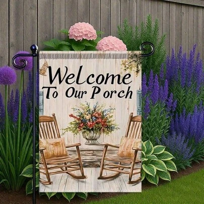 2D Flat, [2d Flat] 1pc Double-Sided Garden Flag Featuring Welcome To Our Porch Design With Rocking Chairs And Floral Arrangement For Charming Porch And Garden Decoration., No Flagpole 12*18inch, Garden Flag, 2D Flat