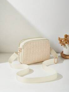 1 chiếc túi đeo chéo nữ kiểu dáng thường ngày, thiết kế 4 khóa kéo, họa tiết lượn sóng màu trơn, quai xách và quai đeo vai thoải mái, dung tích lớn, phù hợp cho du lịch, mua sắm, đi làm. - Màu be - Xem 5