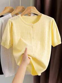 GIGOGOU Women's Breathable Knit Cardigan T-Shirt, Fashionable Short Sleeve Top, Spring/Summer - Yellow - View 2