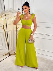AIJ Amarilo Women's Casual Vacation Beach 2 Pieces Set - Ruffle Strap Tank Top Paired With Slim Fit Wide Leg Pants, Spring/Summer - Green - View 3