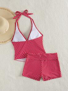 女士复古波点印花连体泳衣，显瘦设计，可搭配高腰短裤组成两件套泳衣，适合度假海滩夏季穿着。 - 彩色 - 查看 3