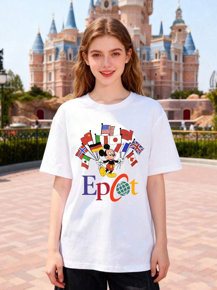 Disney Women's Casual White Cotton T-Shirt With Mickey Mouse Epcot World Flag Print, Short Sleeve Round Neck Regular Fit Top - 白色 - 查看 1