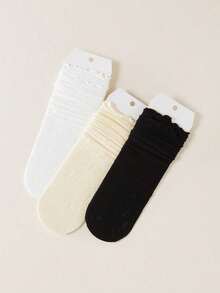 3 Pairs Of Lovely Lace Socks Women Mid-Calf Socks, Hollow Out Flower Edge Short Socks, Solid Color Pile Socks, Straight Loose Socks, Fall - Nhiều màu - Xem 10