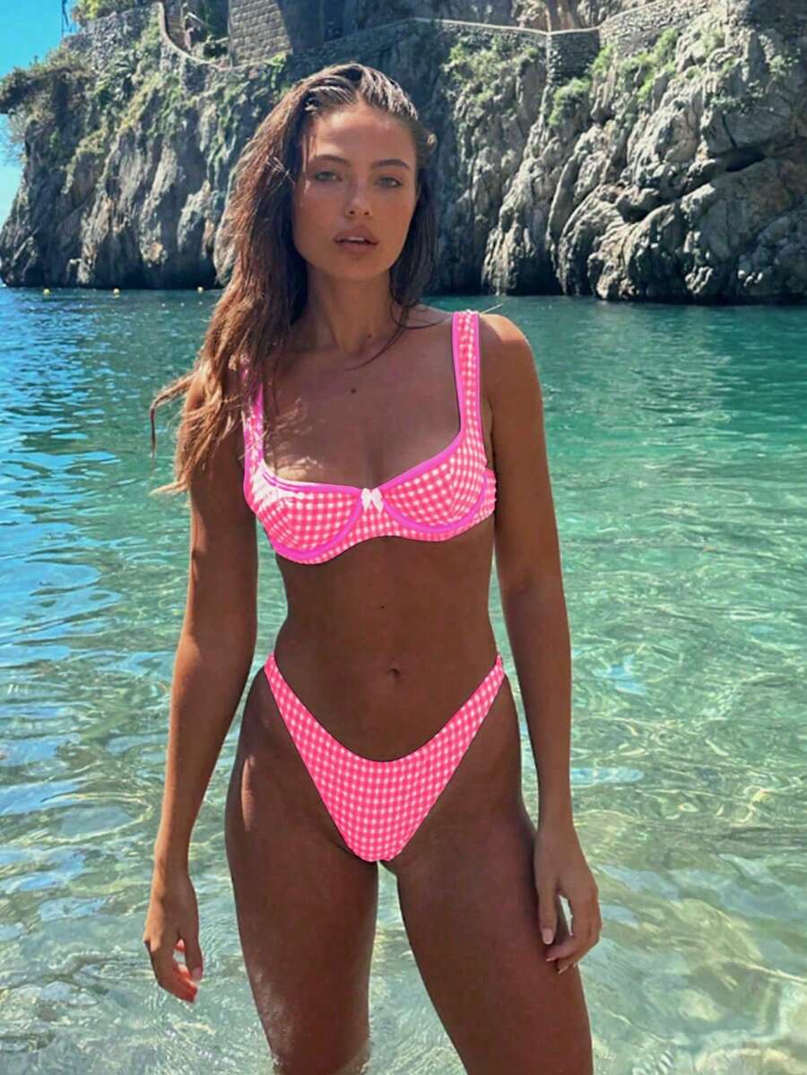 Bộ đồ bơi bikini 2 mảnh thiết kế mới dành cho nữ, đồ bơi hở lưng họa tiết hoa nhỏ xinh xắn trang trí kim loại - Hồng - Xem 1