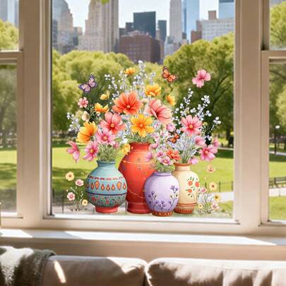 ملصق نافذة زهرة في أصيص مع فراشة، بموضوع زهري، من الفينيل، لاصق ذاتي، مقاوم للماء، سهل التركيب، قابل للإزالة، ديكور المنزل، ديكور النافذة، ملصق حائط زخرفي، ديكور غرفة النوم، ديكور الغرفة، ديكور المطبخ، ديكور العطلات