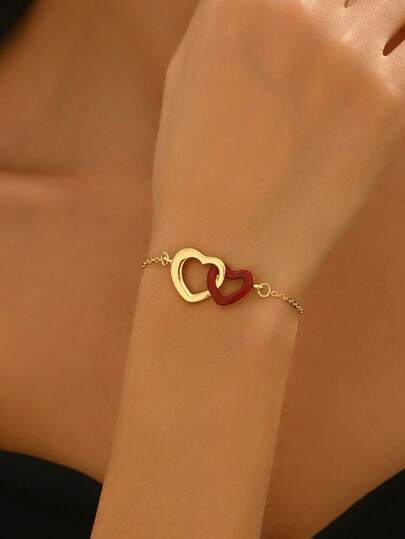1pc Fashionable Versatile Heart-Shaped Double Ring Bracelet, Suitable For Daily Wear For Women