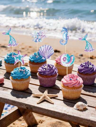 24 chiếc phụ kiện trang trí bánh cupcake hình đuôi nàng tiên cá có thể tái sử dụng, trang trí tiệc sinh nhật, trang trí bánh kem chủ đề nàng tiên cá cho sinh nhật, đám cưới, tiệc độc thân, món tráng miệng, đồ dùng làm bánh, trang trí tiệc.