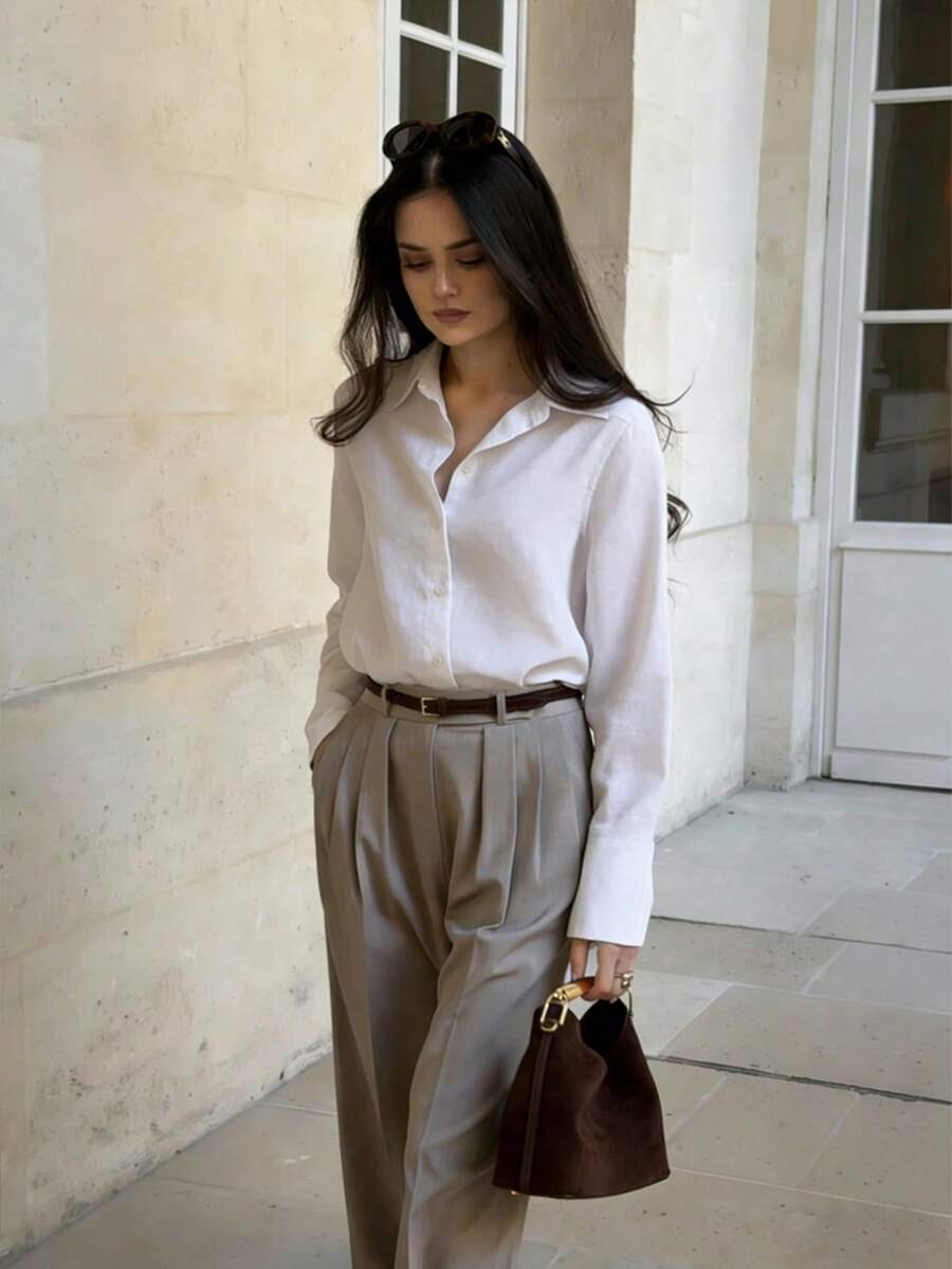 Camisa de manga larga con cuello polo, de estilo casual, holgada y elegante, minimalista y suave, adecuada para múltiples escenarios como ir al trabajo, estar en casa, etc. en todas las estaciones, color blanco primaveral - Blanco - Ver 1
