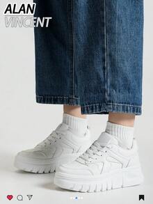 Alan Vincent[厚底增高系列]女士白色鞋，新款厚底增高休闲运动鞋，系带设计，舒适可爱，适合日常穿着 - 白色 - 查看 9